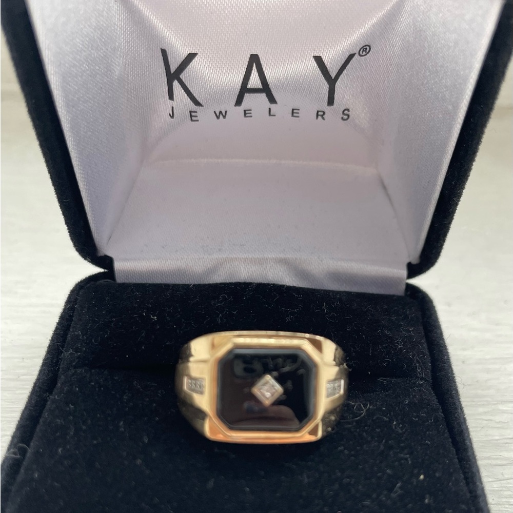 10K Gold, Onyx and Diamonds Stamp Ring, Size 10.5